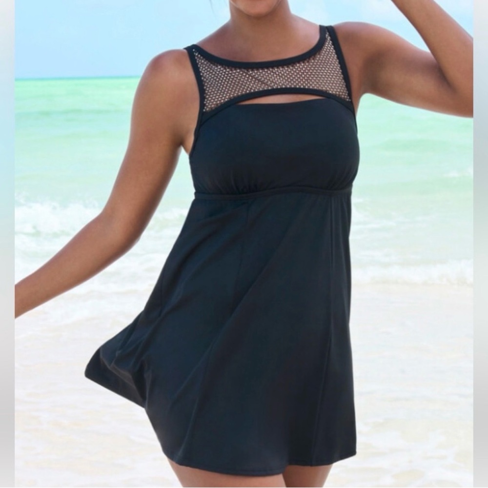 Swimsuits For All Teal Black Bling Swim Dress Size 24 NWT Full Coverage UPF 50